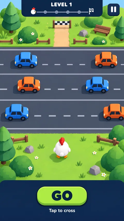 The chicken waiting on the grass before the first crossing
