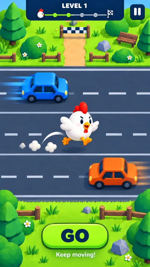 The chicken mid-hop between two moving cars